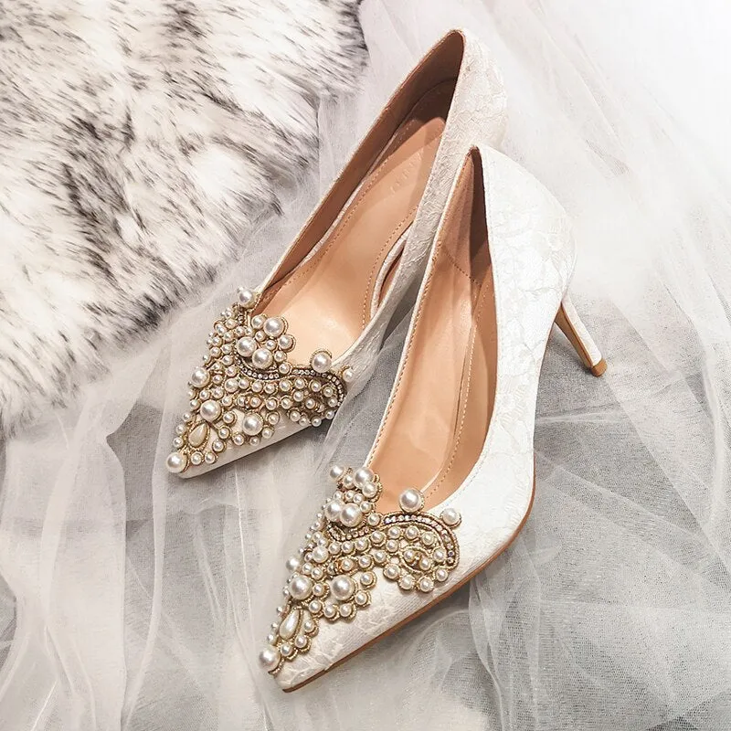 Amozae  2022 White  High Heel Pointed Stiletto Rhinestone Satin Lace Women's Shoes Dress Banquet Shoes Bridesmaid Wedding Shoes