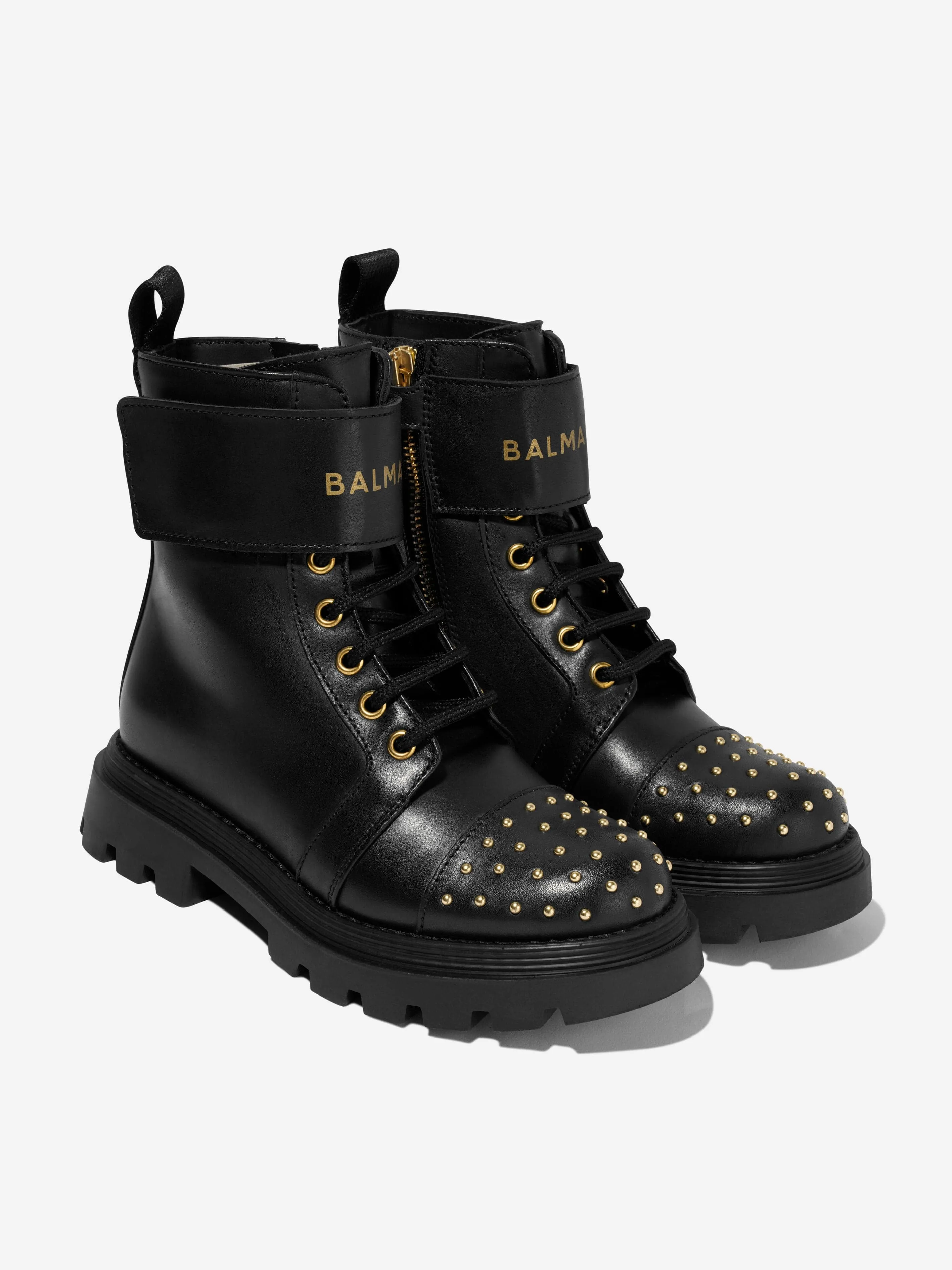 Balmain Girls Leather Lace Up Boots in Black