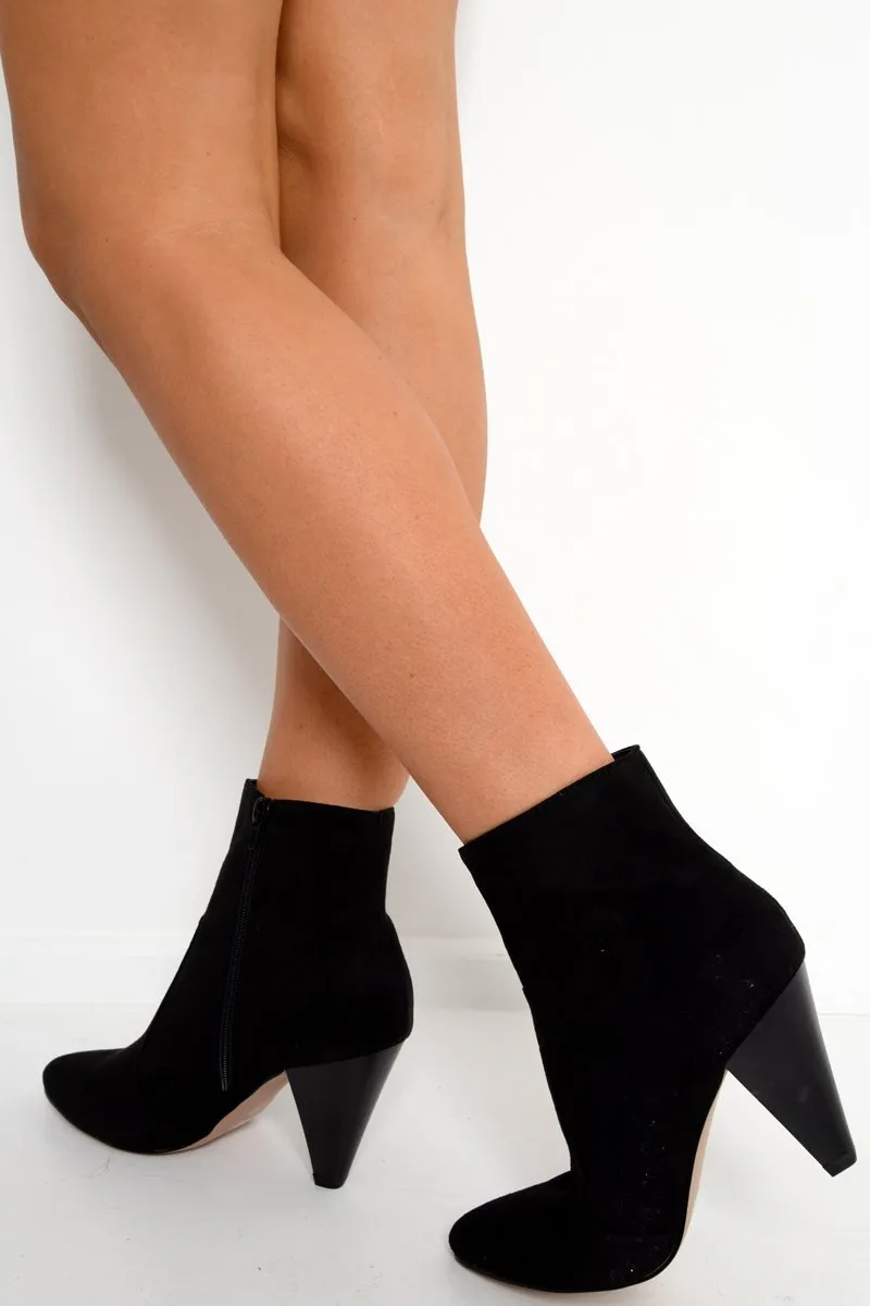 Black Faux Suede Cone Heel Boots - Gunnar