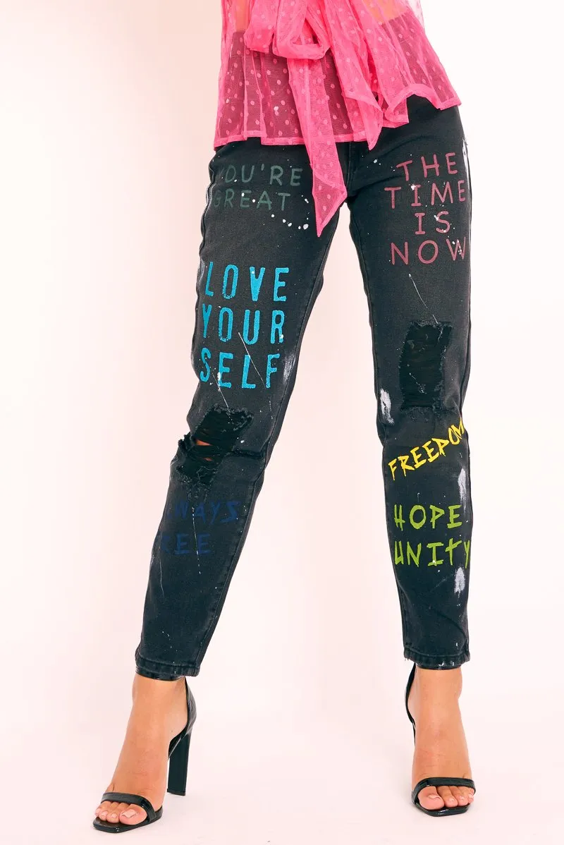 Black Graffiti Print Distressed Boyfriend Jeans - Maryana