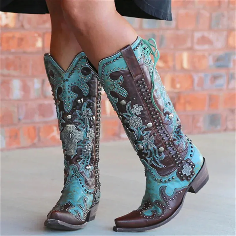 Chic Embroidered Lace-Up Mid-Calf Boots with Bold Thick Heels for Women