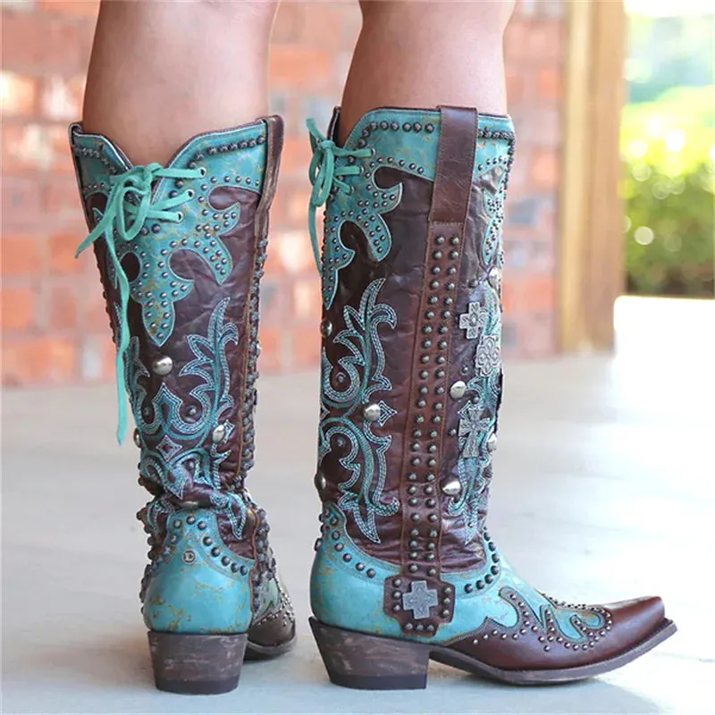 Chic Embroidered Lace-Up Mid-Calf Boots with Bold Thick Heels for Women