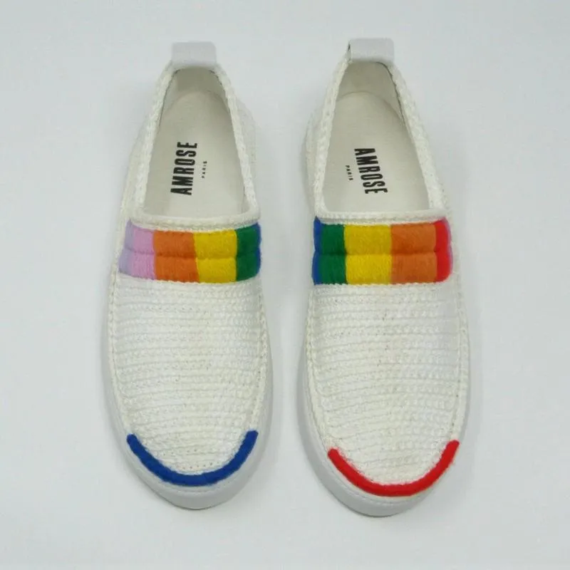 Crocheted sneakers embroidered in multi color. Rainbow shades