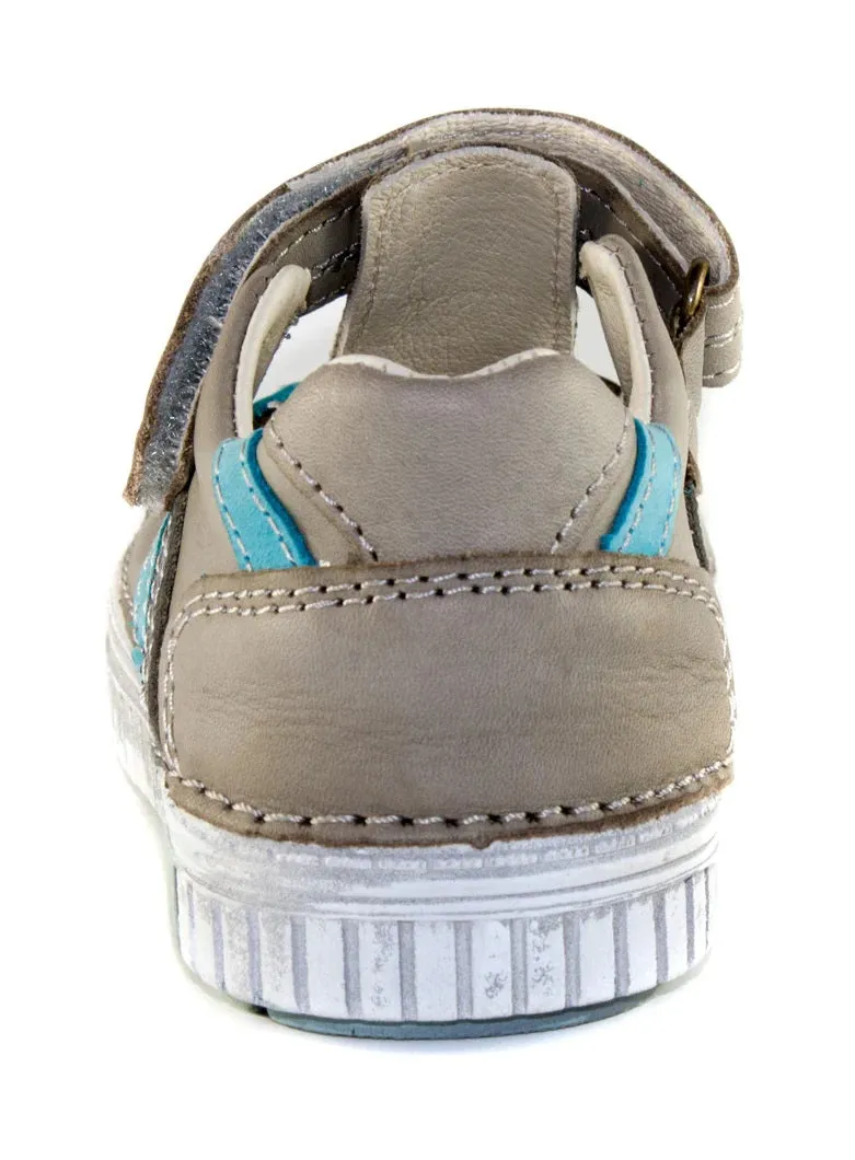 D.D. Step Little Kid Boy Double Strap Sandals/Open Shoes Grey With Blue Stripe - Supportive Leather From Europe Kids Orthopedic