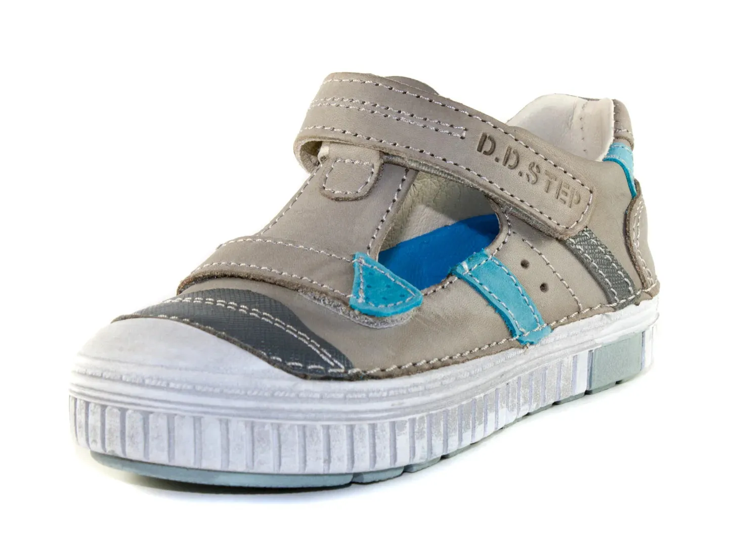 D.D. Step Little Kid Boy Double Strap Sandals/Open Shoes Grey With Blue Stripe - Supportive Leather From Europe Kids Orthopedic