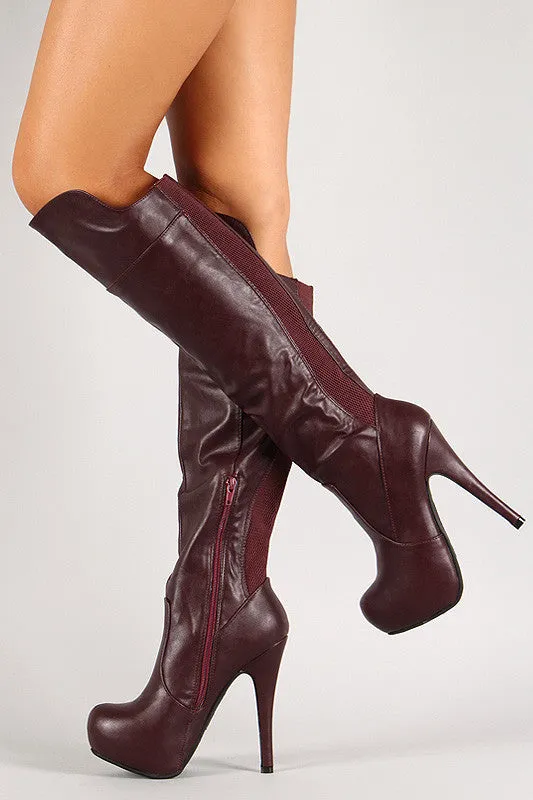 Elastic Panels Platform Stiletto Knee High Boot