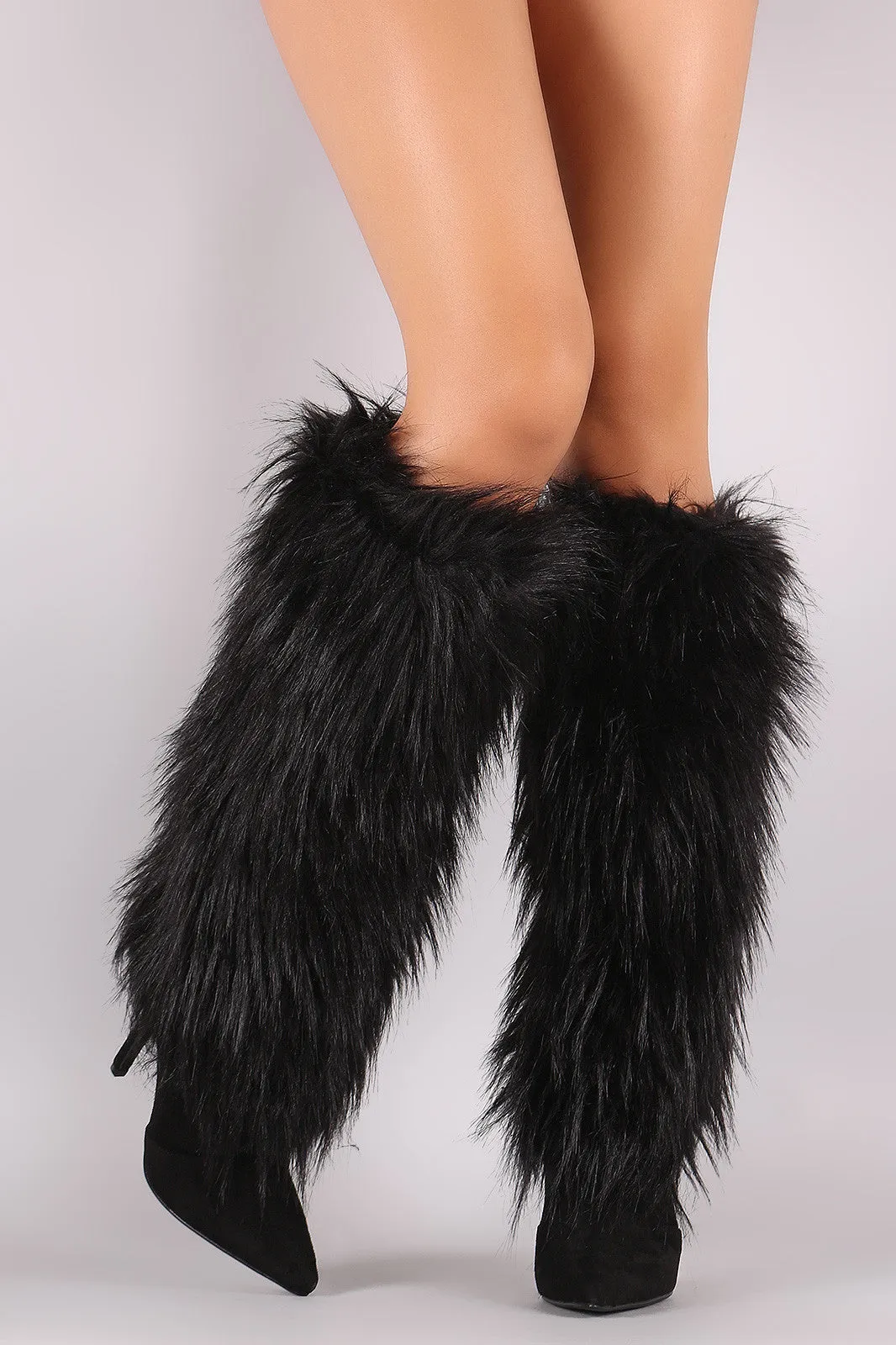 Faux Fur Shaft Pointy Toe Stiletto Knee High Boots