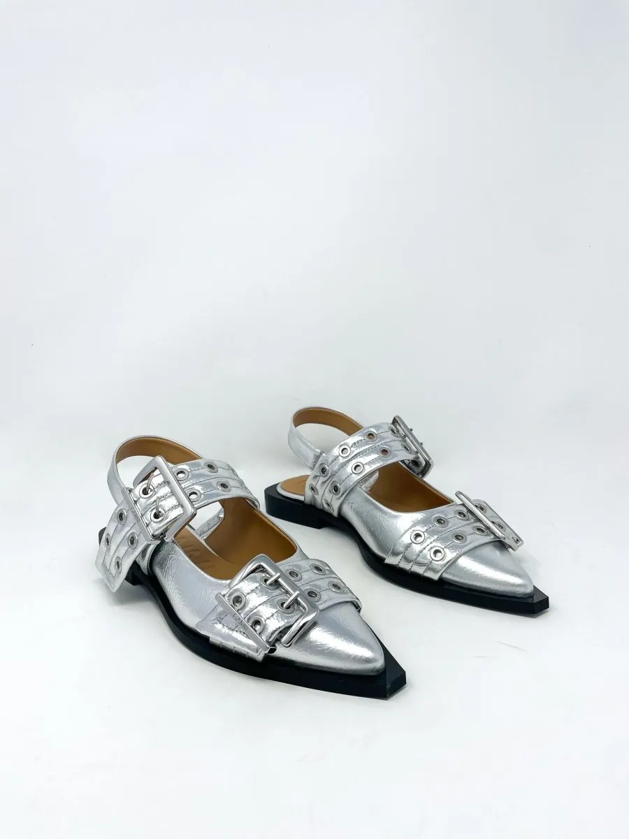 Feminine Buckle Ballerina Metallic in Silver