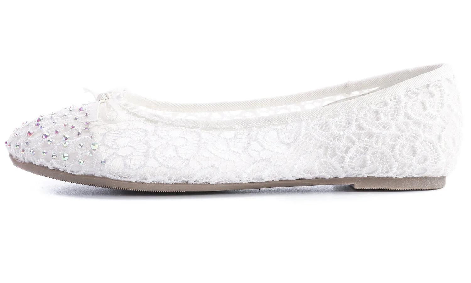 Feversole Round Toe Lace Ballet Crochet Flats White Sparkle Women's Comfy Breathable Shoes