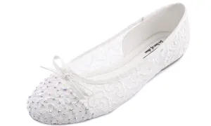 Feversole Round Toe Lace Ballet Crochet Flats White Sparkle Women's Comfy Breathable Shoes