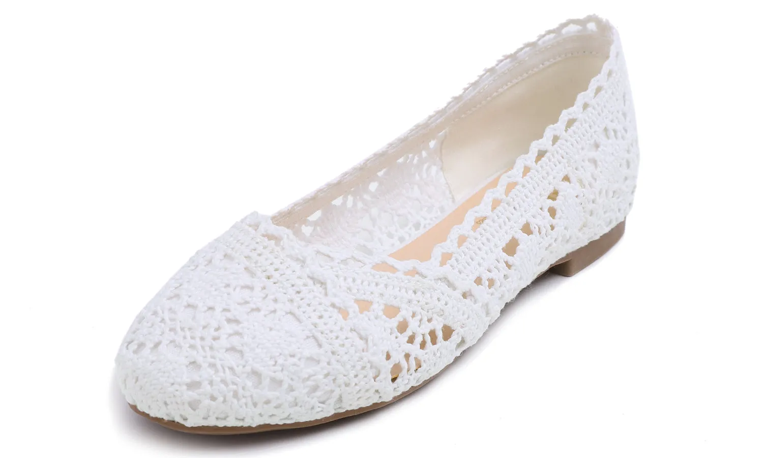 Feversole Round Toe Lace Ballet Crochet Flats Women's Comfy Breathable Shoes White Knit Crochet