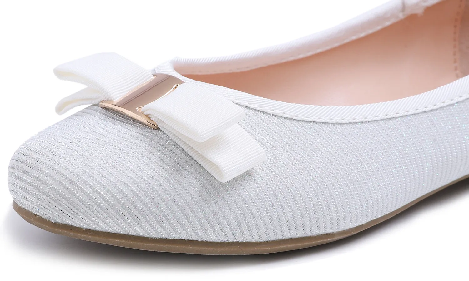 Feversole Women's Fashion Bow Round Toe Ballet Flat White Lurex