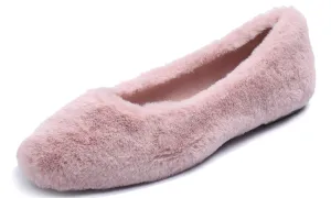 Feversole Women's Fashion Round Toe Puffy Warm Comfort Home Indoor Winter Soft Ballet Slippers Pink Plush