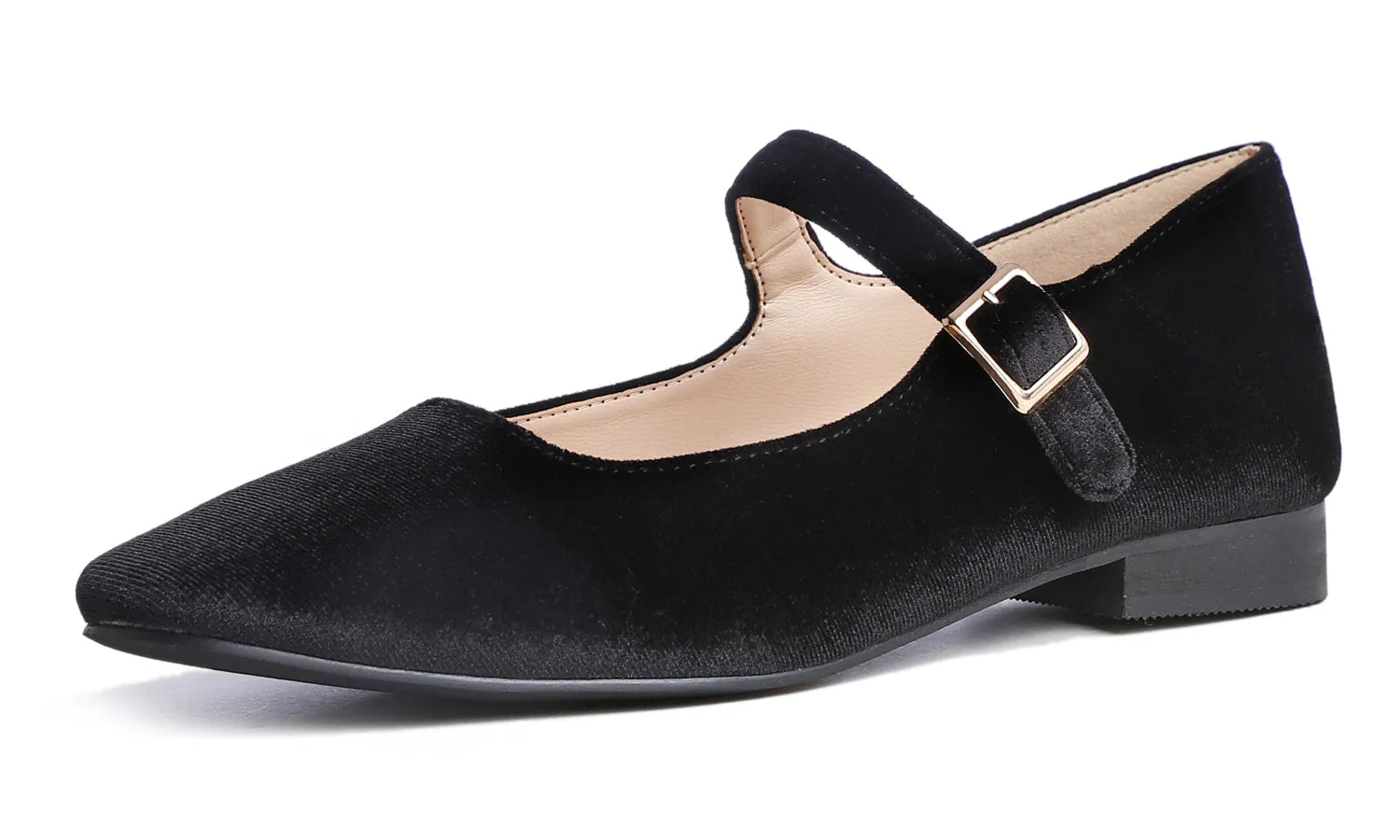 Feversole Women's Mary Jane Fashion Square Toe Easy Buckle Low Heel Slip On Flats Black Velvet