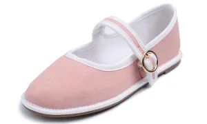 Feversole Women's Soft Breathable Mary Jane Memory Foam Cushioned Comfort Round Toe Metal Buckle Flats Walking Shoes Pink Canvas