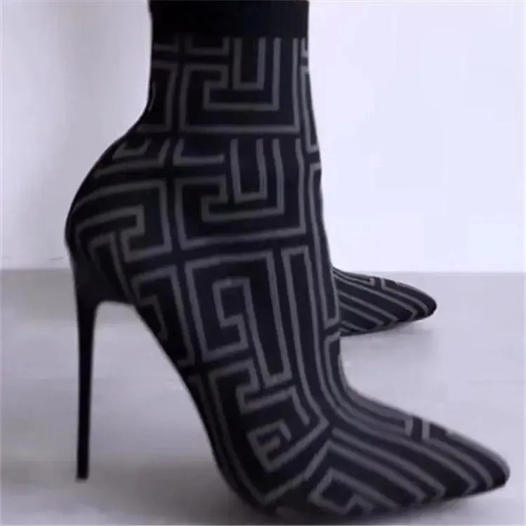 Geometric Knit Stiletto Ankle Boots