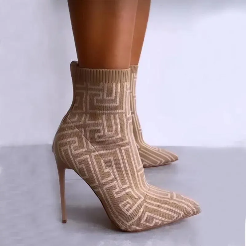 Geometric Knit Stiletto Ankle Boots