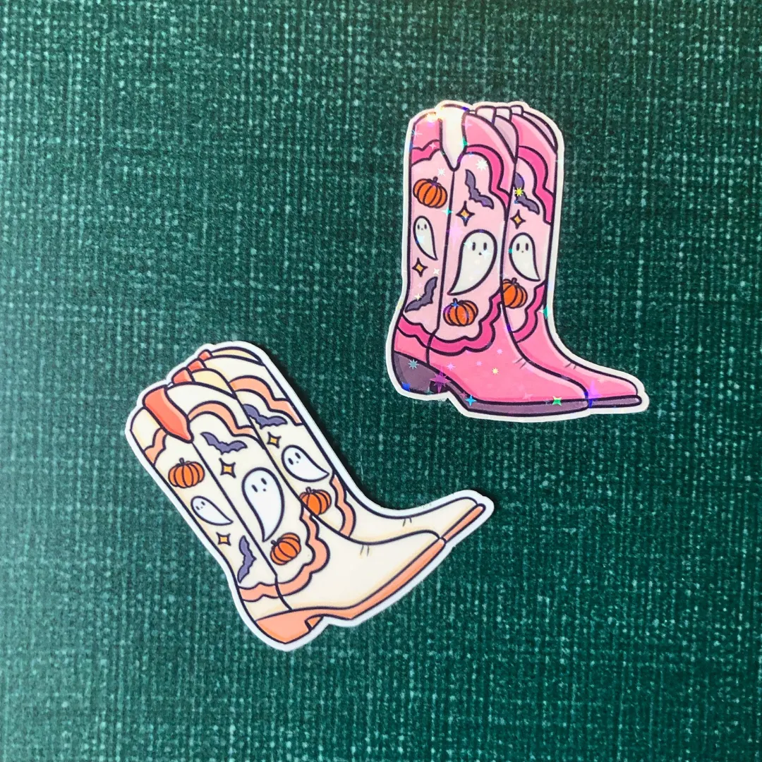 Halloween Cowgirl Boots Vinyl Sticker: Pink Glitter