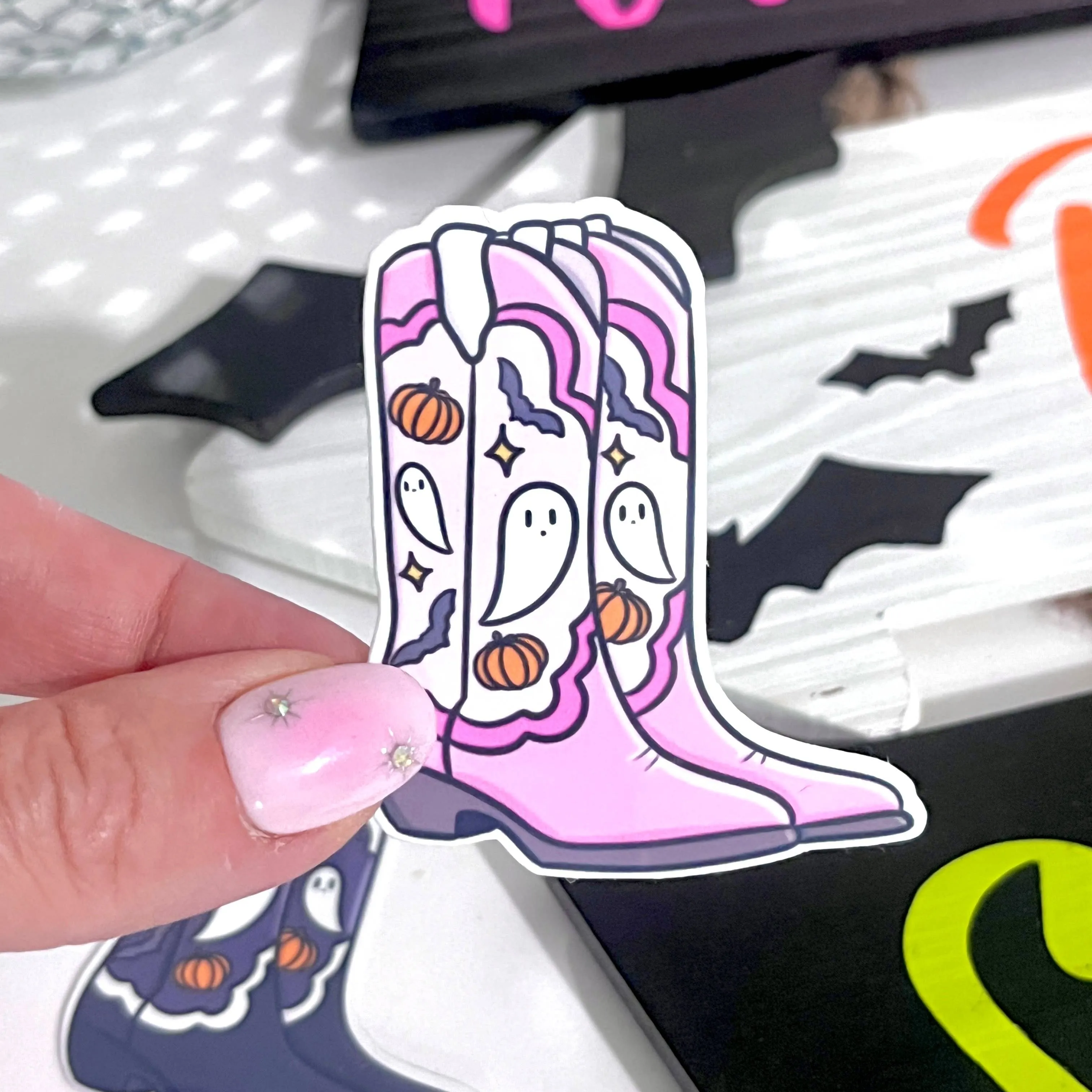 Halloween Cowgirl Boots Vinyl Sticker: Pink Glitter