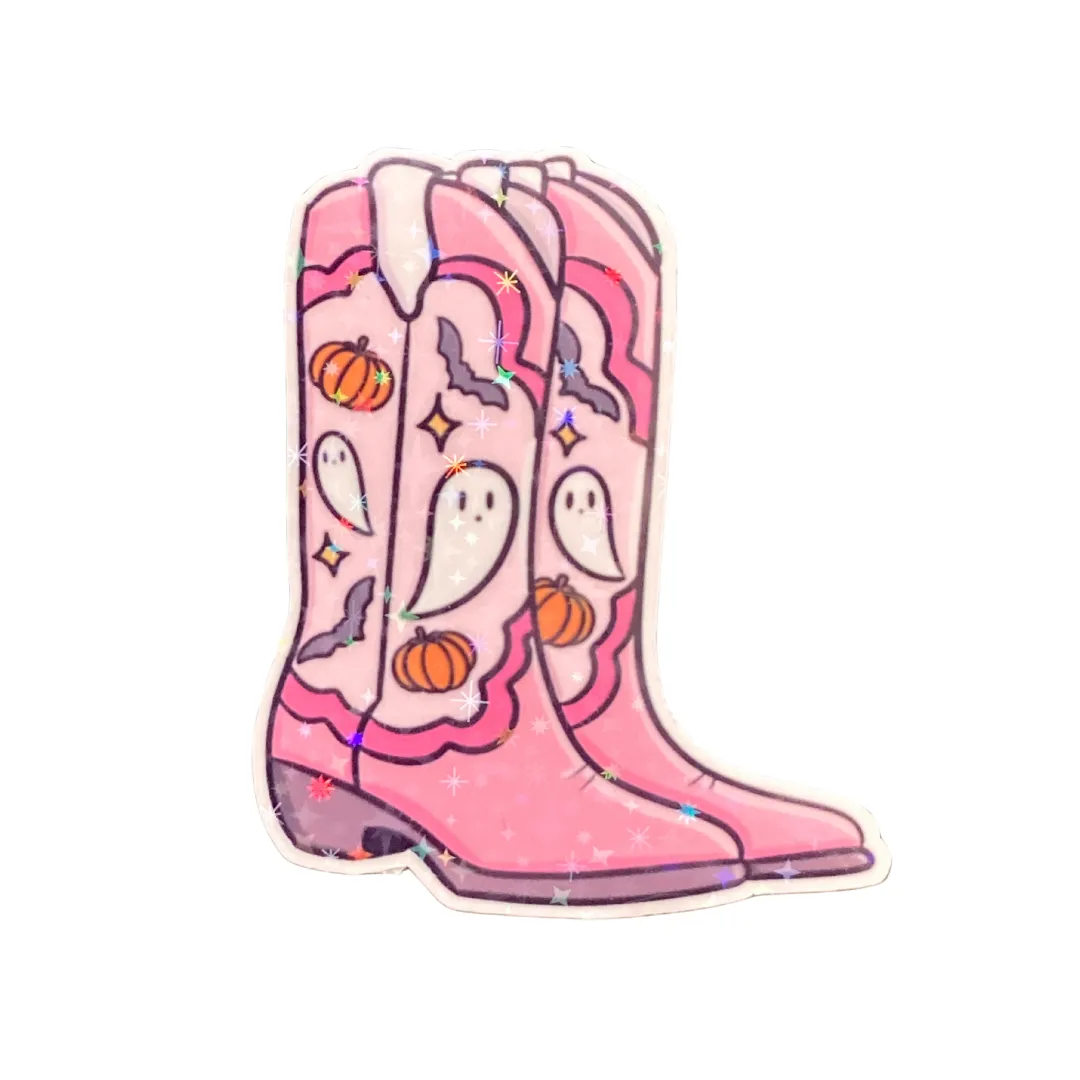 Halloween Cowgirl Boots Vinyl Sticker: Pink Glitter