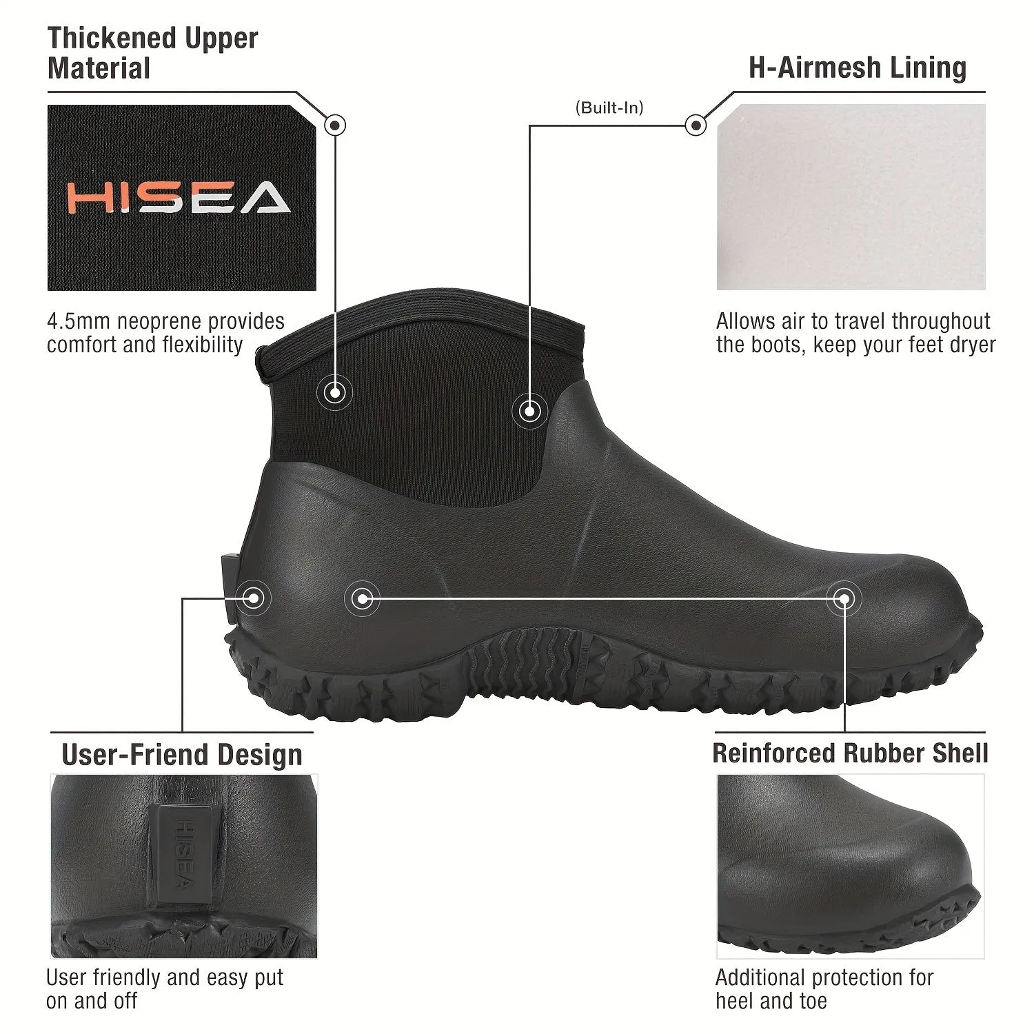 HISEA Men's Rain Boots, Ankle Height Garden Shoes Waterproof Rubber Neoprene Mud Boots Durable Insulated Short Outdoor Work Booties for Gardening Farming Camping Fishing and Yard Working