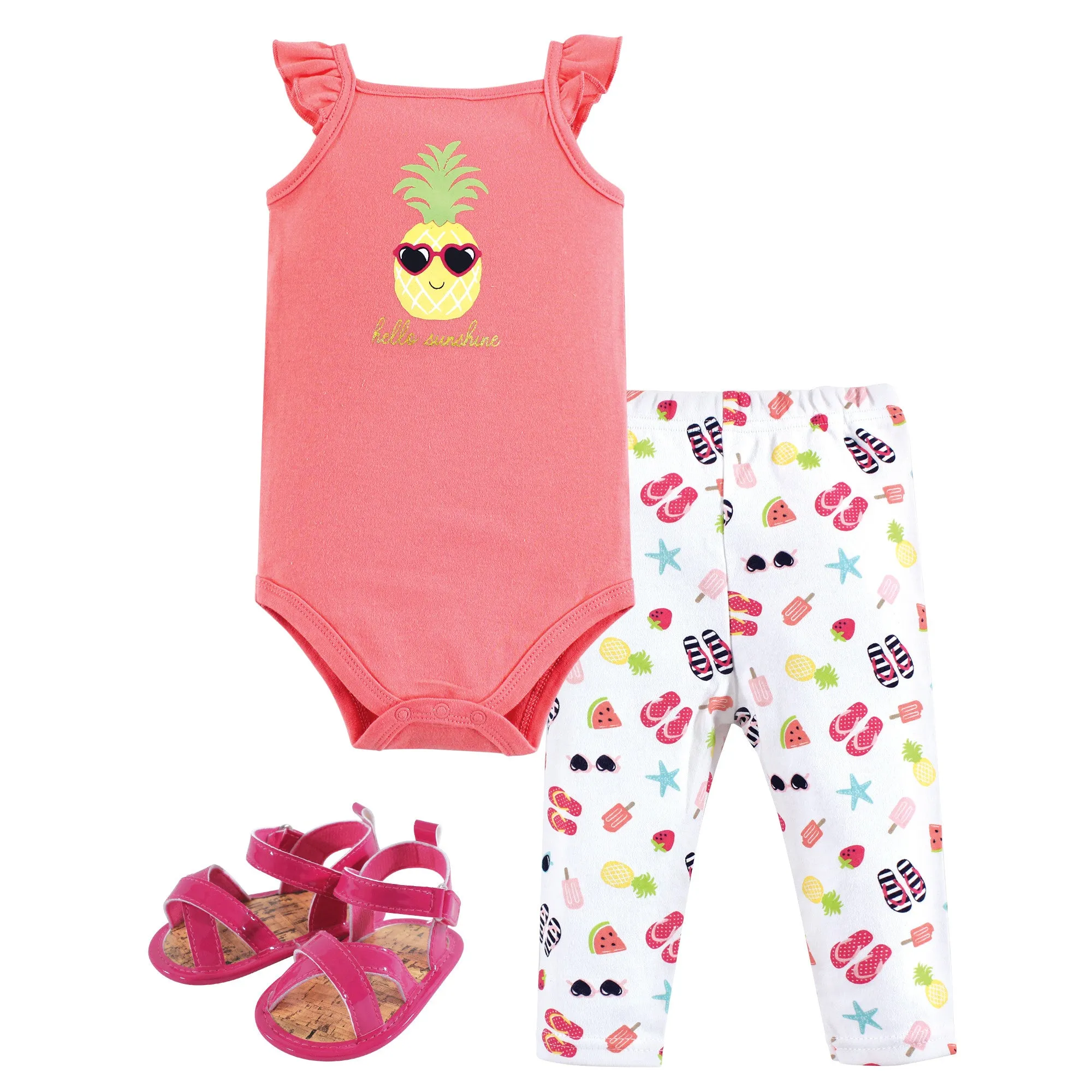 Hudson Baby Cotton Bodysuit, Pant and Shoe Set, Hello Sunshine