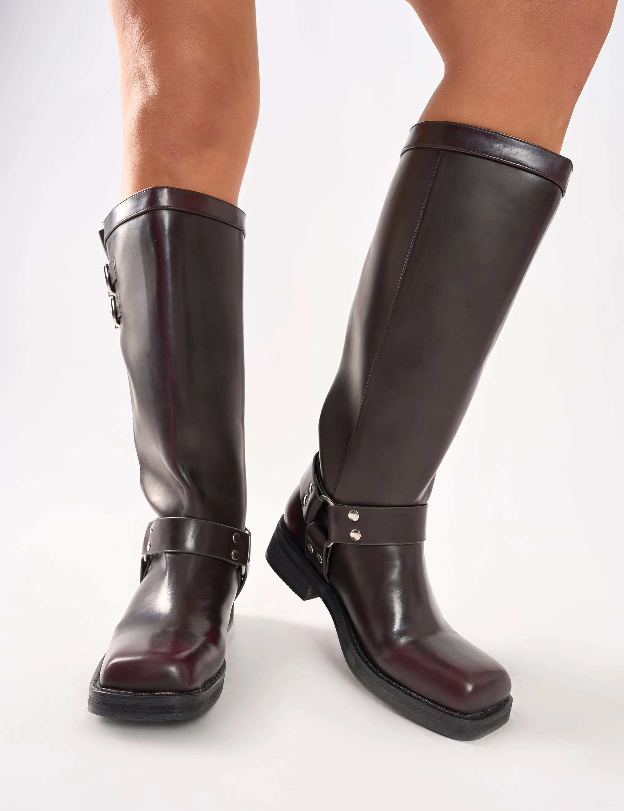 Sirius Burgundy Vintage Buckle Knee Hight Flat Boots