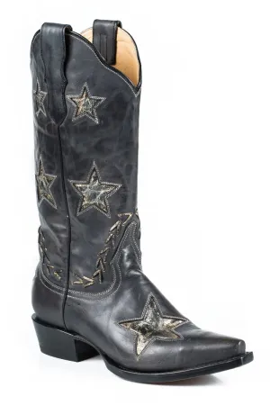 Stetson Star Ladies Black Leather 13in Distressed Gold Boots