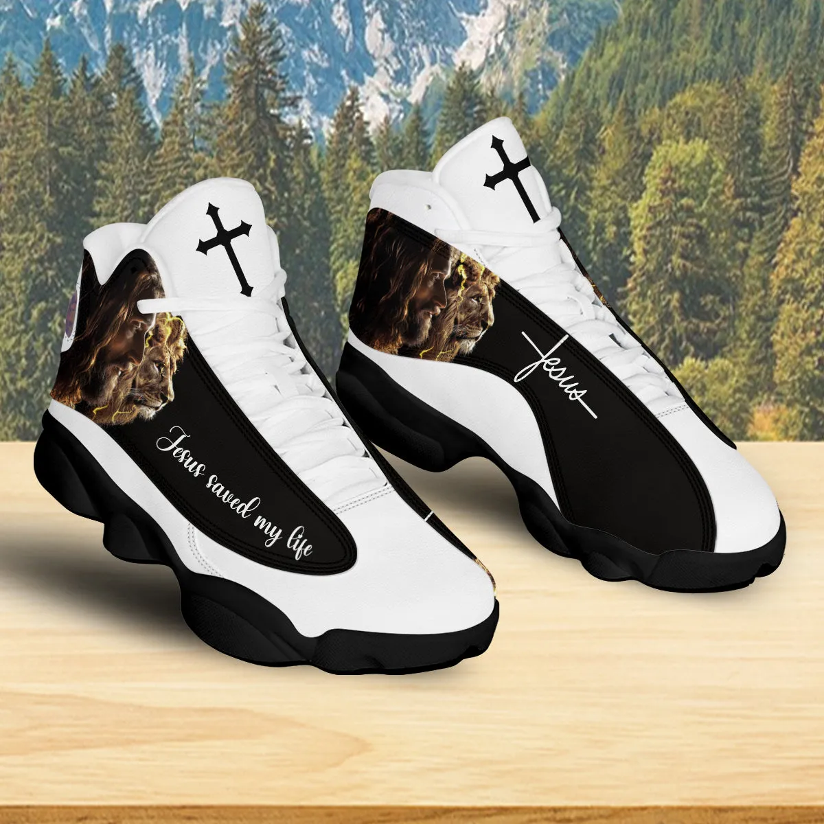 Teesdily | Jesus Lion Of Judah Basketball Shoes, Jesus Saved My Life Jesus Basketball Shoes, Christian Footwear Unisex Basketball Shoes