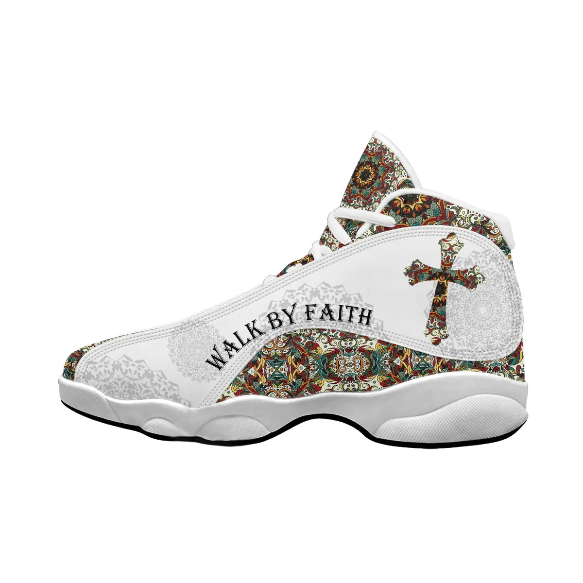 Teesdily | Walk By Faith Boho Design Flower Style Basketball Shoes, God Lover Religious Gifts Unisex Basketball Shoes