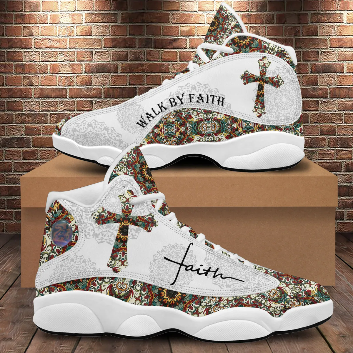 Teesdily | Walk By Faith Boho Design Flower Style Basketball Shoes, God Lover Religious Gifts Unisex Basketball Shoes