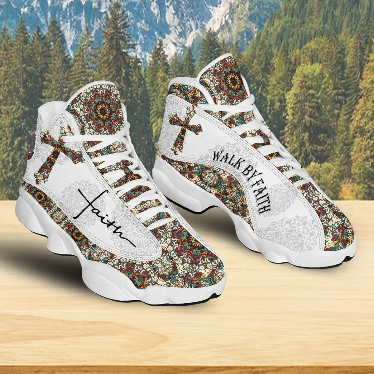 Teesdily | Walk By Faith Boho Design Flower Style Basketball Shoes, God Lover Religious Gifts Unisex Basketball Shoes