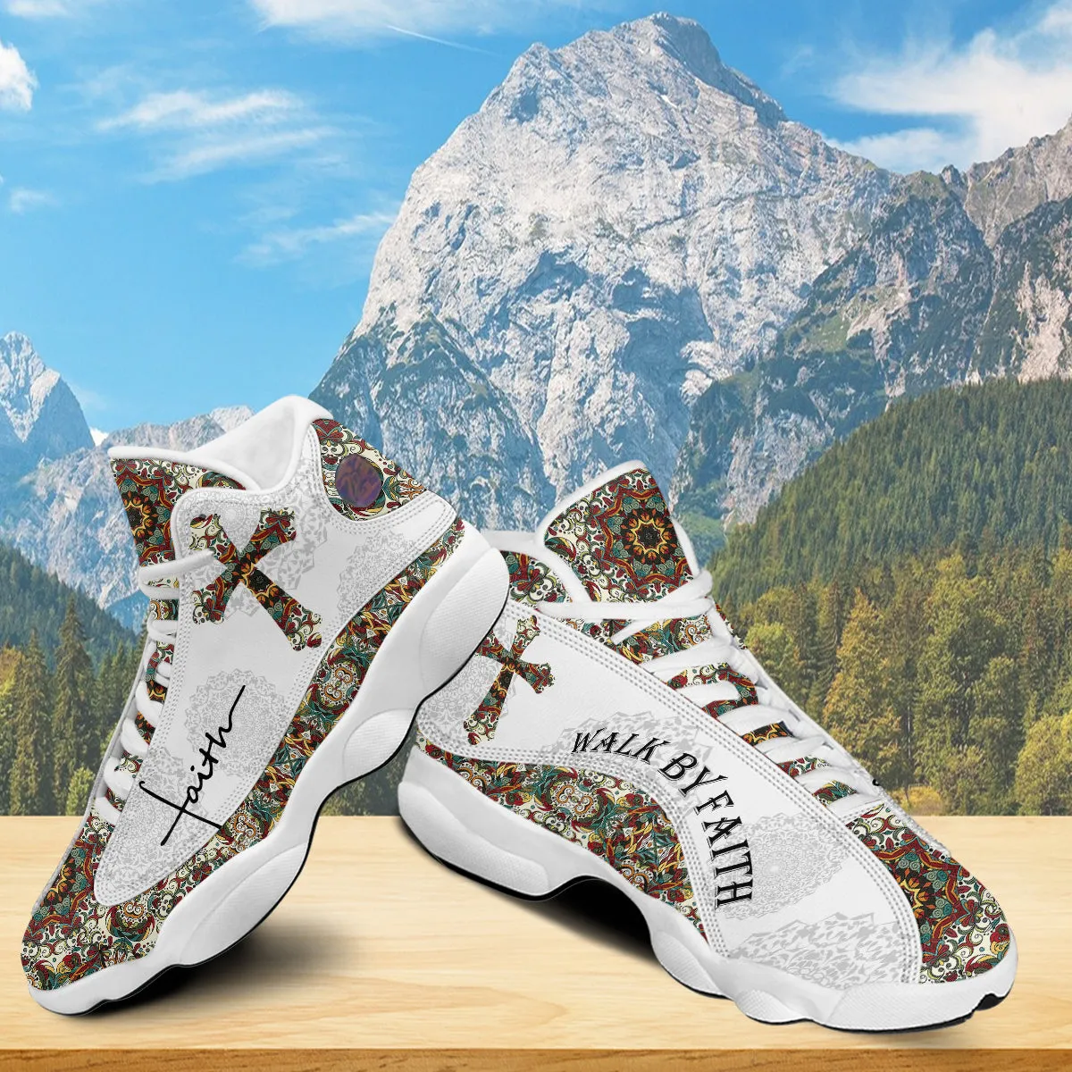 Teesdily | Walk By Faith Boho Design Flower Style Basketball Shoes, God Lover Religious Gifts Unisex Basketball Shoes