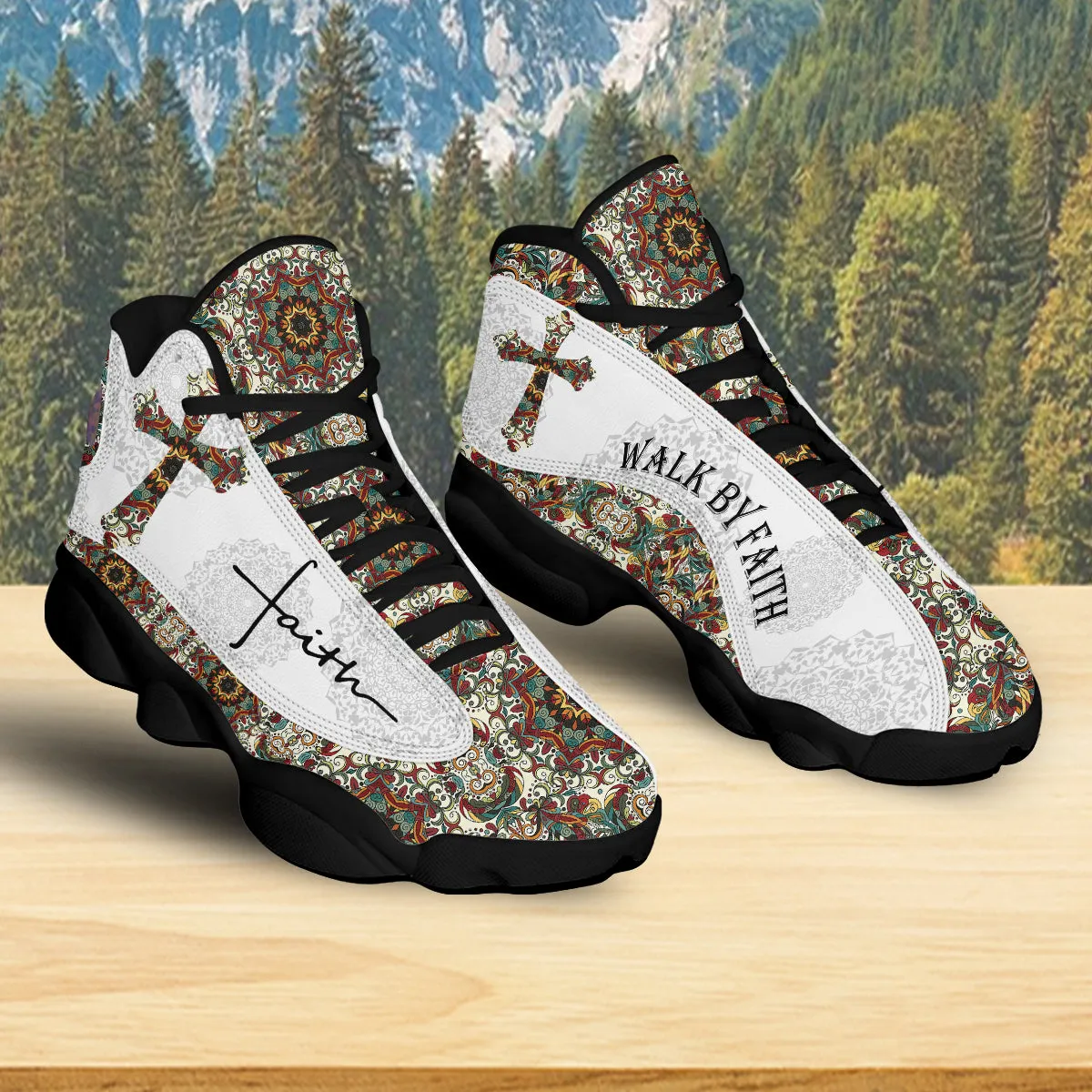 Teesdily | Walk By Faith Boho Design Flower Style Basketball Shoes, God Lover Religious Gifts Unisex Basketball Shoes