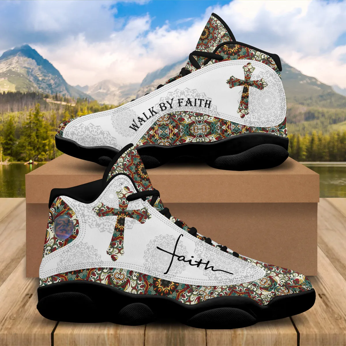 Teesdily | Walk By Faith Boho Design Flower Style Basketball Shoes, God Lover Religious Gifts Unisex Basketball Shoes