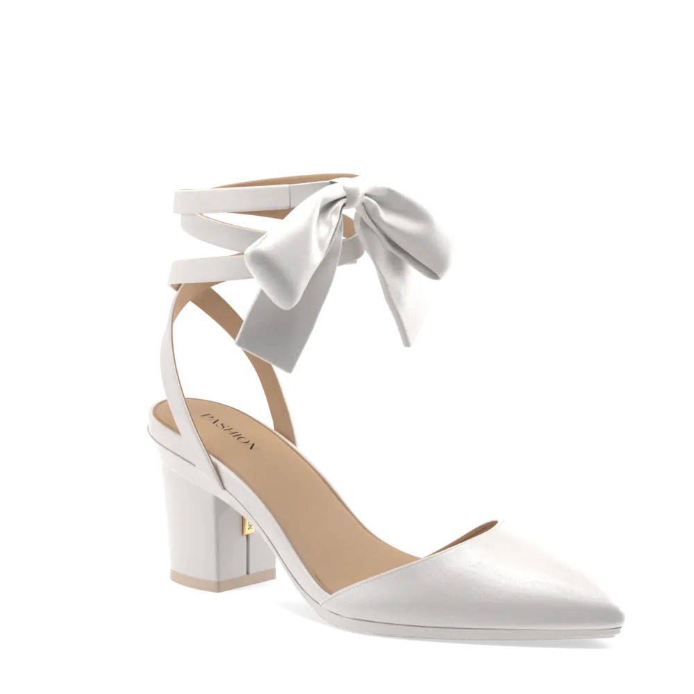 The D'Orsay - White Satin Bow   Block Heel Kit 3 White