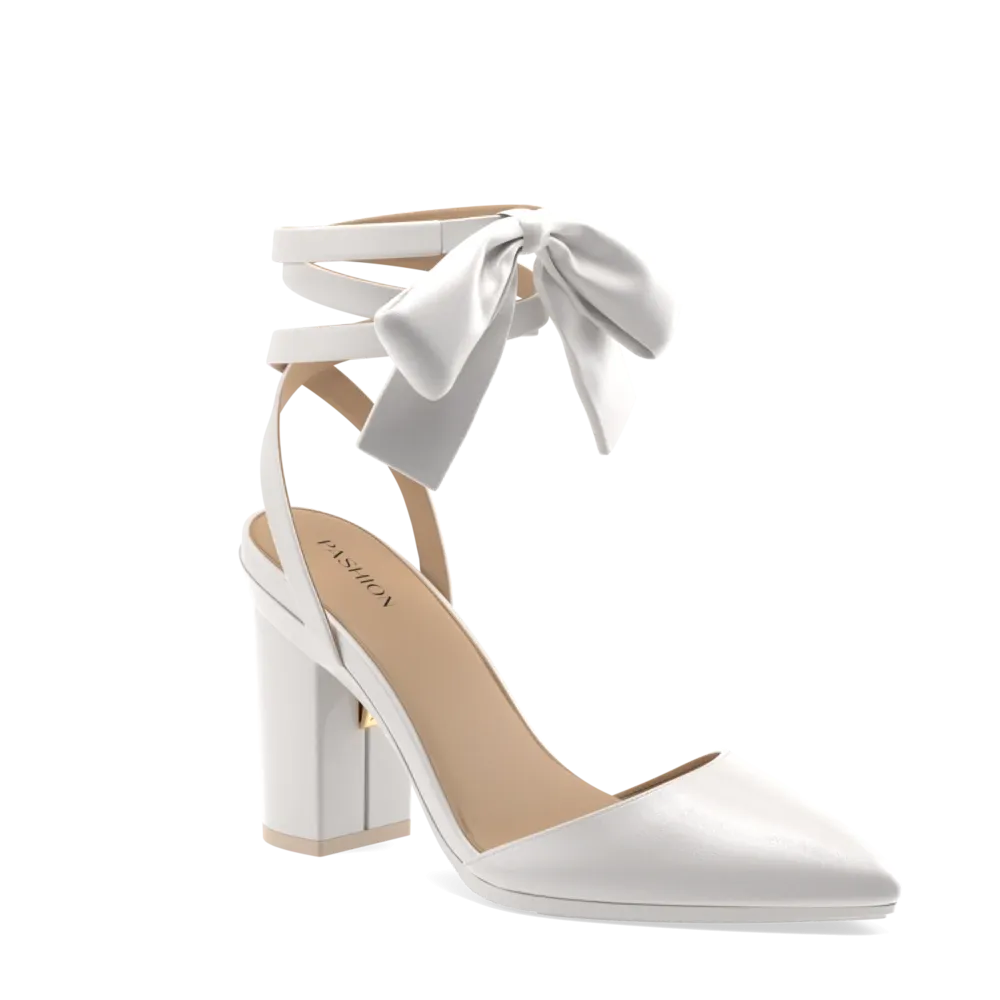 The D'Orsay - White Satin Bow   Block Heel Kit 4 White