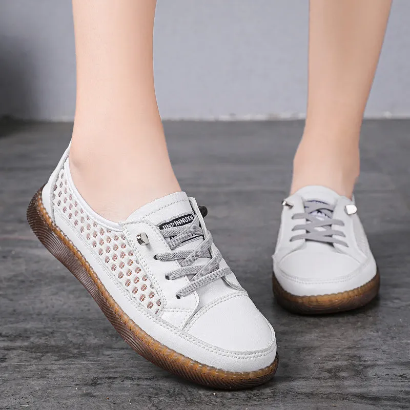 Women's Hollow Out Flat Sneakers Lightweight Lace Up Soft-sole Breathable Walking Shoes